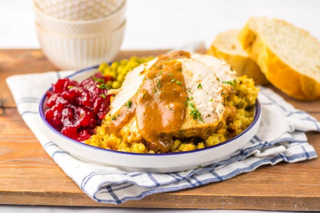 slow cooker turkey and gravy on dinner plate